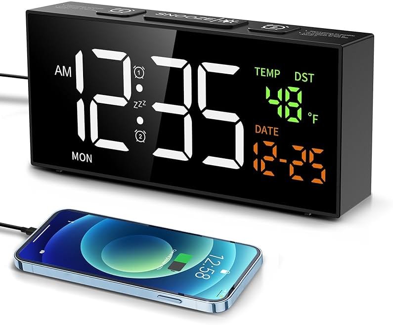 Netzu Alarm Clocks for Bedrooms, Digital Clock with Date Temperature and Weekday, Manual DST, Snooze, 2 Alarms, 4 Volumes for Living Room Home Bedside Desk (Black) - Product Image