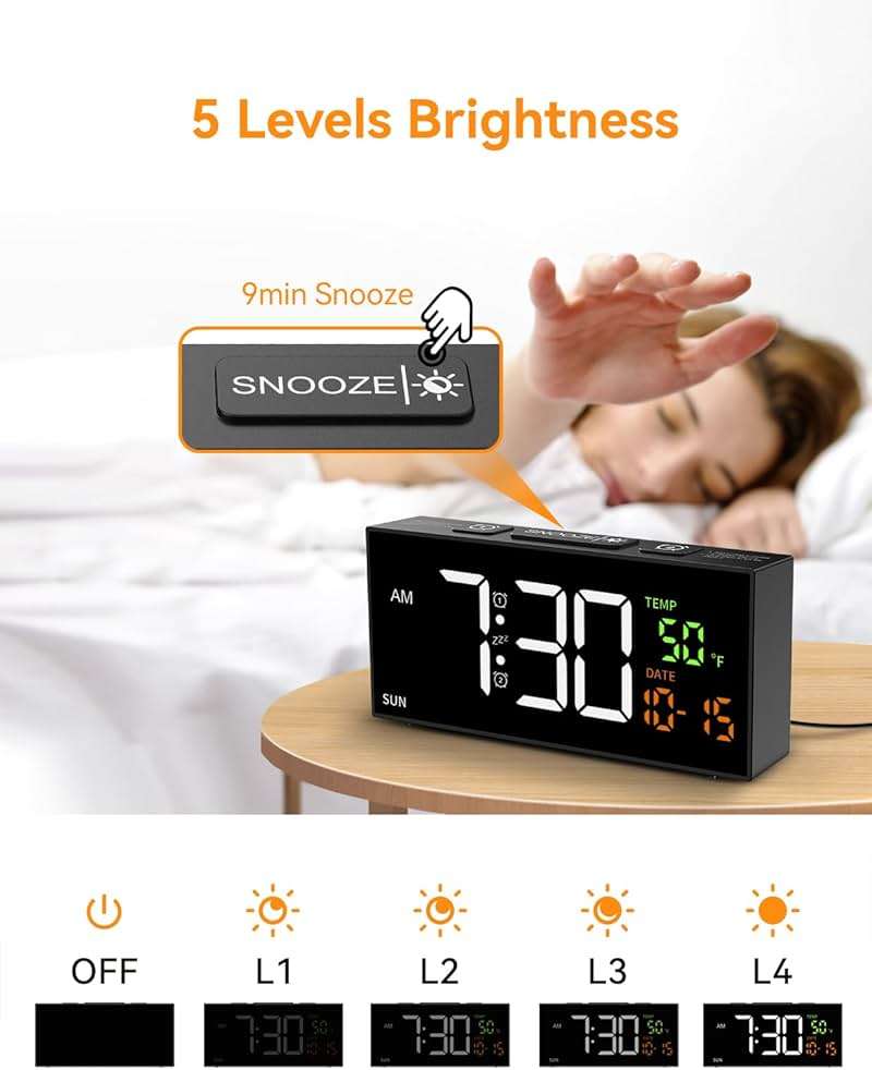 Netzu Alarm Clocks for Bedrooms, Digital Clock with Date Temperature and Weekday, Manual DST, Snooze, 2 Alarms, 4 Volumes for Living Room Home Bedside Desk (Black) - Image 5
