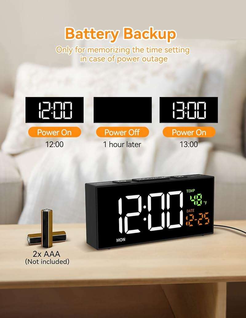 Netzu Alarm Clocks for Bedrooms, Digital Clock with Date Temperature and Weekday, Manual DST, Snooze, 2 Alarms, 4 Volumes for Living Room Home Bedside Desk (Black) - Image 8