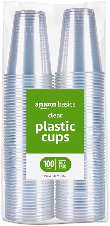 Amazon Basics Small Disposable Clear Plastic Cups, 9oz, 100 Count - Product Image
