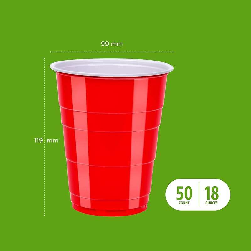 Amazon Basics Sturdy Disposable Plastic Party Cups for Cold Drinks, Red, 18oz, 50 Count, BPA-Free - Image 4