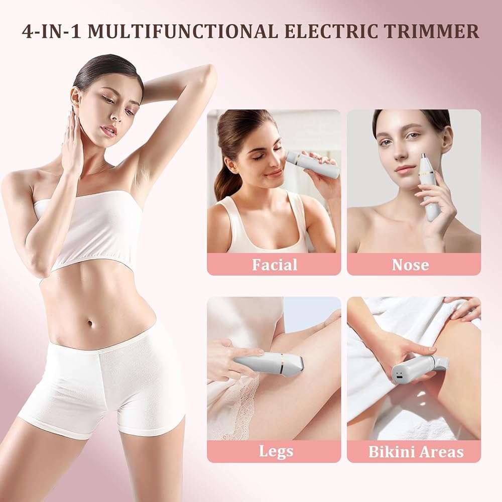 4-in-1 Electric Bikini Trimmer for Women - Painless Electric Razors for Facial/Body/Armpit/Pubic Hair, IPX7 Waterproof Replaceable Shaver Head & Nose Hair Trimmer for Travel, Gifts for Girlfriend Wife - Image 3