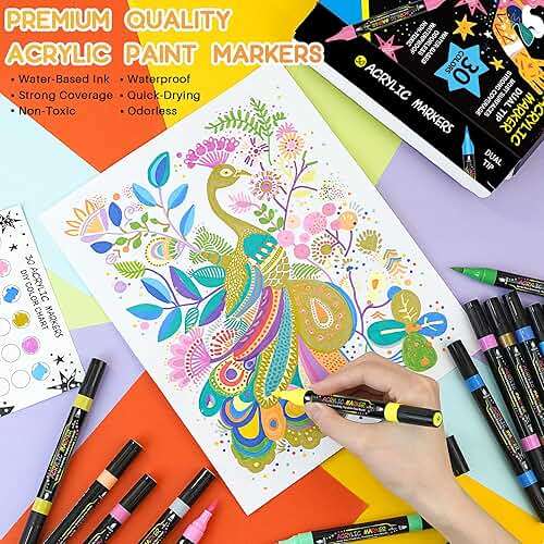 WINSONS 30 Colors Dual Tip Acrylic Paint Markers Pens- Premium Acrylic Paint Markers, Brush & Round Tips, Quick-Drying - for Rock, Canvas, Ceramic, Wood (30 Colors) - Image 3
