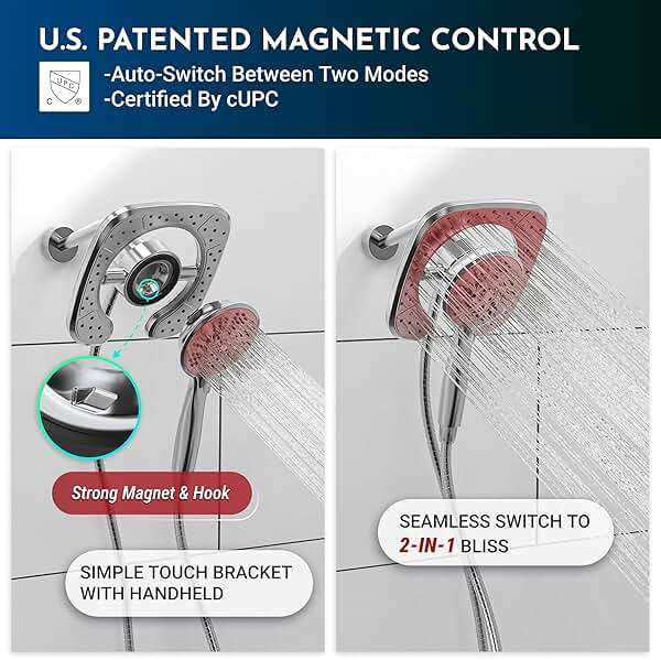 PRIMSOPH Shower Head Handheld Spray Combo 10 Mode Spray Settings Magnetic 2-in-1 High Pressure Dual Showerhead Auto-Switch Square Combination, Chrome - Image 2