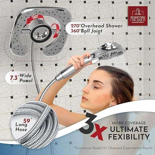 PRIMSOPH Shower Head Handheld Spray Combo 10 Mode Spray Settings Magnetic 2-in-1 High Pressure Dual Showerhead Auto-Switch Square Combination, Chrome - Image 4