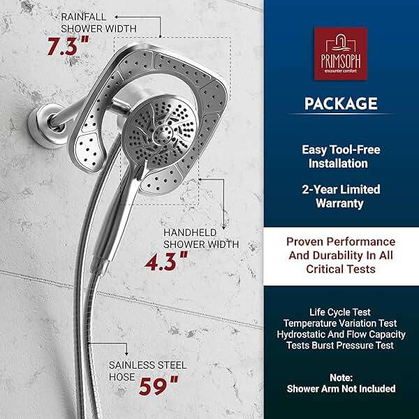 PRIMSOPH Shower Head Handheld Spray Combo 10 Mode Spray Settings Magnetic 2-in-1 High Pressure Dual Showerhead Auto-Switch Square Combination, Chrome - Image 6