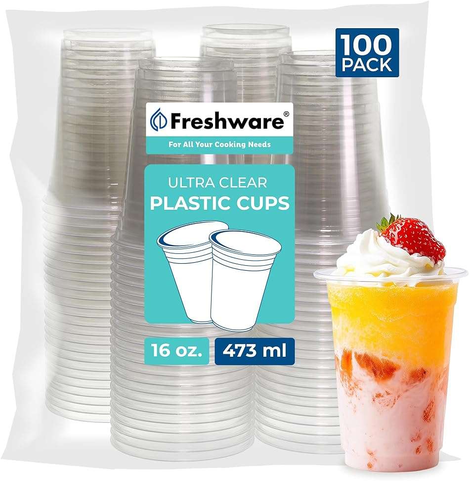 Freshware 16 oz Clear Disposable Plastic Cups, Clear Plastic Cups Tumblers, Heavy-duty Party Glasses, Disposable Cups for Thanksgiving, Halloween, Christmas Party, 16 Oz Cups, 100 Count (Pack of 1) - Image 1