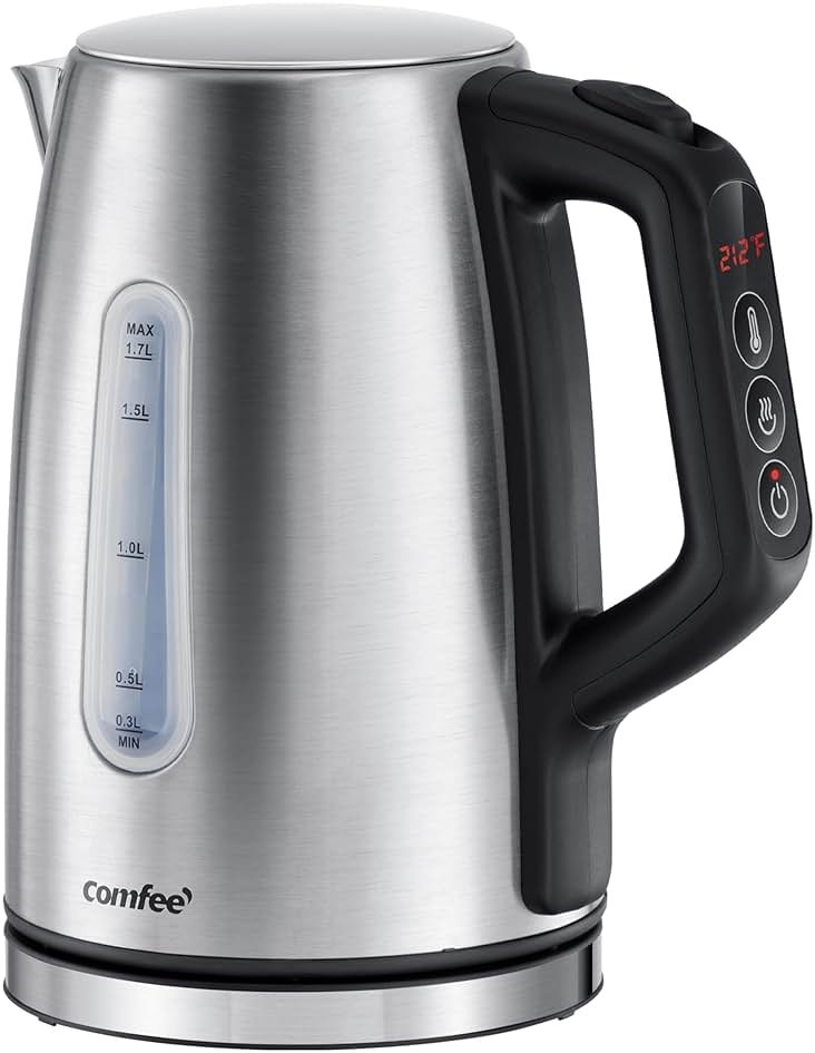 COMFEE' Stainless Steel Electric Kettle, Temperature Control with 6 Presets, 1-Hr Keep Warm, Kettle Water Boiler 1.7 Litres, 1500W with Viewing Window, Auto-Off and Boil-Dry Protection - Product Image