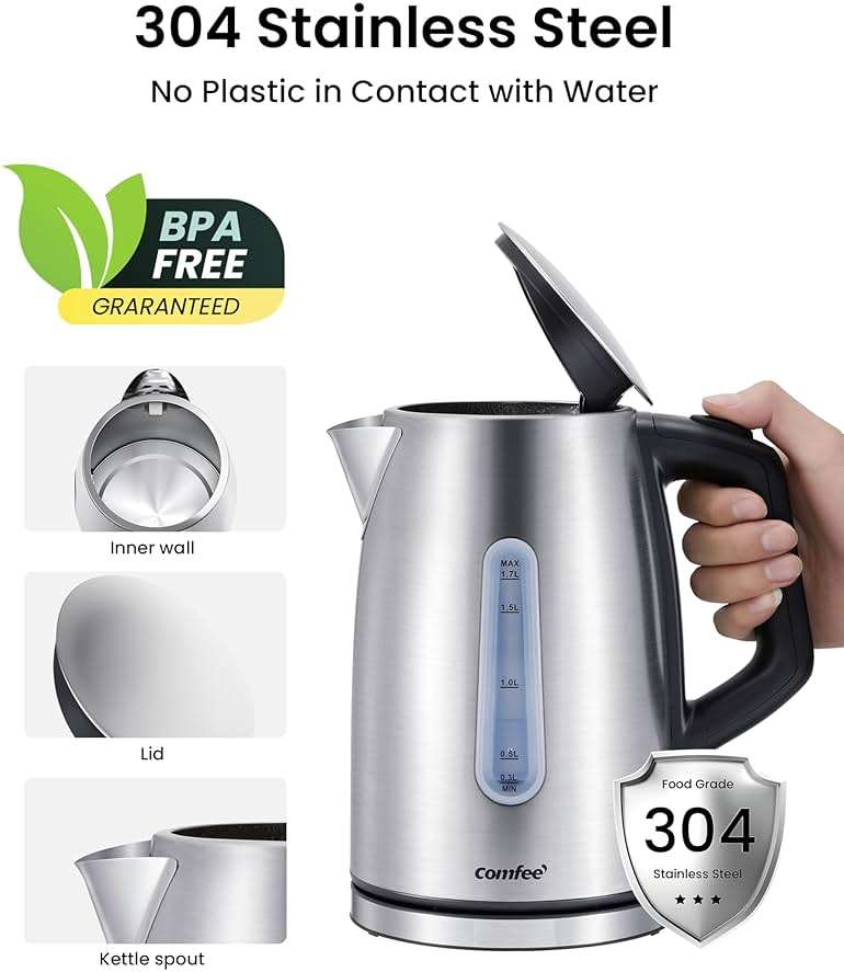 COMFEE' Stainless Steel Electric Kettle, Temperature Control with 6 Presets, 1-Hr Keep Warm, Kettle Water Boiler 1.7 Litres, 1500W with Viewing Window, Auto-Off and Boil-Dry Protection - Image 4