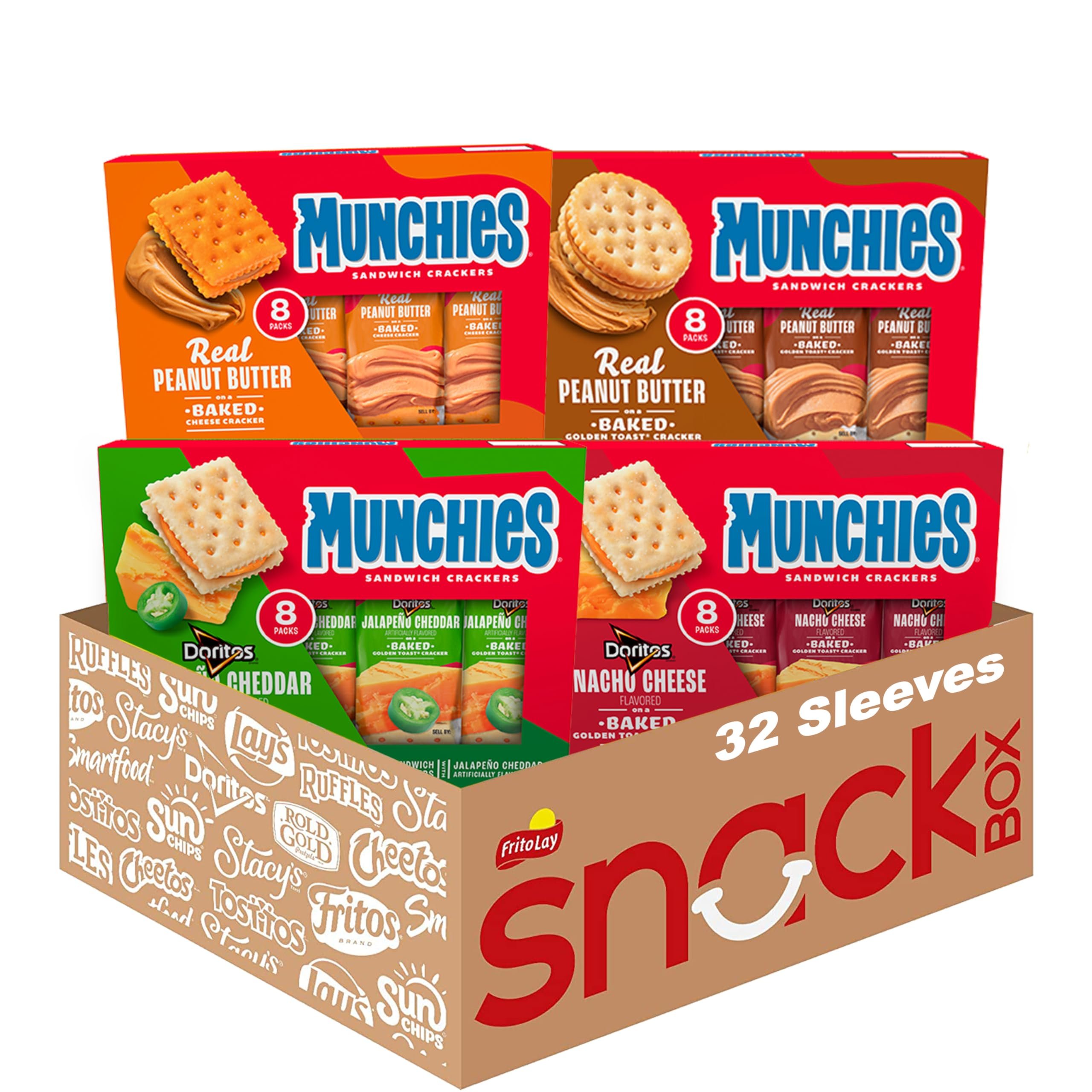 Munchies Baked Sandwich Crackers Variety Pack, Cheese Peanut Butter, Toast Peanut Butter, Doritos Nacho Cheese, and Doritos Jalapeno Cheese (Pack of 32 sleeves) - Product Image