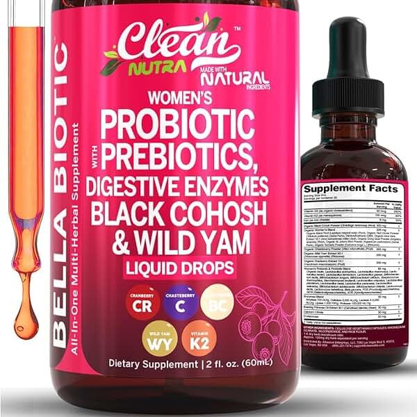 Liquid Probiotics for Women Drops with Chasteberry, Black Cohosh, Prebiotics, Digestive Enzymes, Evening Primrose Oil, Wild Yam, Cranberry Dmannose and Iron Vitamin D3 K2 Clean Nutra Bella Biotics - Product Image