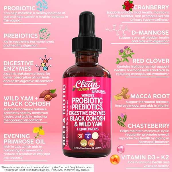 Liquid Probiotics for Women Drops with Chasteberry, Black Cohosh, Prebiotics, Digestive Enzymes, Evening Primrose Oil, Wild Yam, Cranberry Dmannose and Iron Vitamin D3 K2 Clean Nutra Bella Biotics - Image 2