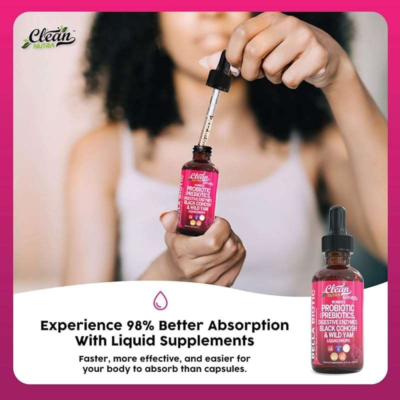 Liquid Probiotics for Women Drops with Chasteberry, Black Cohosh, Prebiotics, Digestive Enzymes, Evening Primrose Oil, Wild Yam, Cranberry Dmannose and Iron Vitamin D3 K2 Clean Nutra Bella Biotics - Image 4