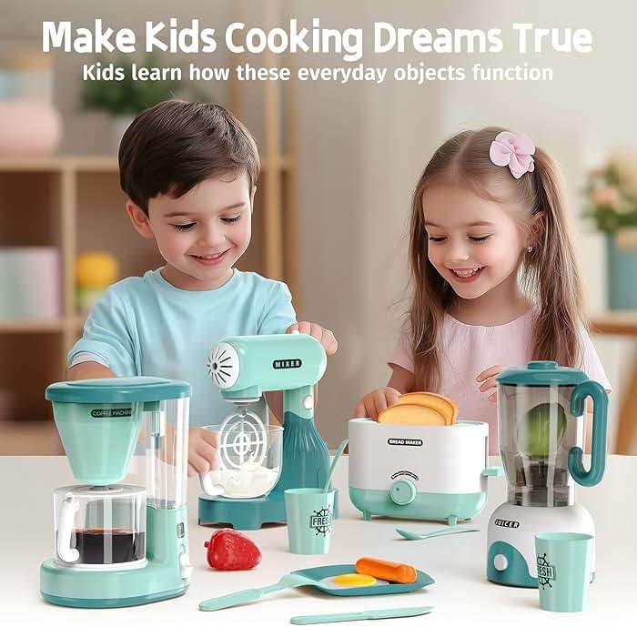 BRIGPICIOUS Kids Play Kitchen Accessories Toys Set, Pretend Play Kitchen Appliances Kit - Blender, Coffee Maker, Mixer, Toasters with Light & Sound, Playhouse Role Play Toy Gift for Girl Ages 3 4 5 6 - Image 2