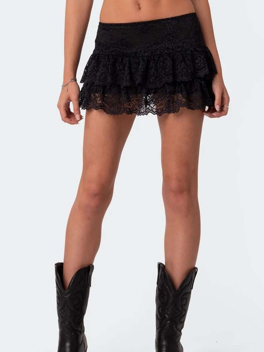 Women Floral Lace Mini Skirt Y2k Low Rise Layered Ruffled Hem Pleated A Line Short Skirt Lace Half Slip Underskirt - Image 2