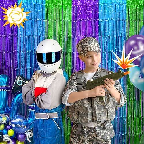 Mega-L Video Game Birthday Decorations, 2Pack Purple Blue Green for Night Backdrop Streamers 3.3x6.6ft Foil Fringe Curtains for Boys Game Fans Holiday Party Supplies Pixel Photobooth Props Wall Decors - Image 2