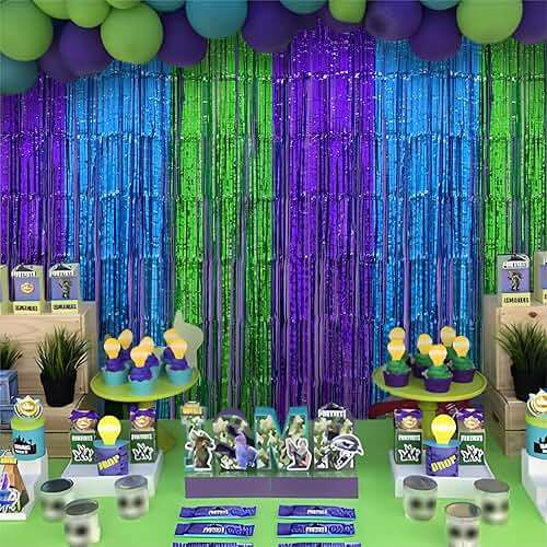 Mega-L Video Game Birthday Decorations, 2Pack Purple Blue Green for Night Backdrop Streamers 3.3x6.6ft Foil Fringe Curtains for Boys Game Fans Holiday Party Supplies Pixel Photobooth Props Wall Decors - Image 3