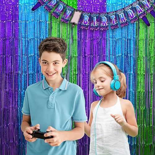 Mega-L Video Game Birthday Decorations, 2Pack Purple Blue Green for Night Backdrop Streamers 3.3x6.6ft Foil Fringe Curtains for Boys Game Fans Holiday Party Supplies Pixel Photobooth Props Wall Decors - Image 5