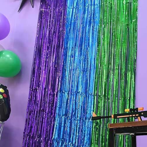 Mega-L Video Game Birthday Decorations, 2Pack Purple Blue Green for Night Backdrop Streamers 3.3x6.6ft Foil Fringe Curtains for Boys Game Fans Holiday Party Supplies Pixel Photobooth Props Wall Decors - Image 6