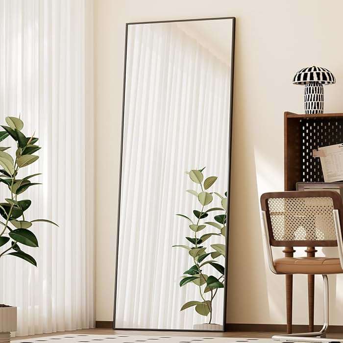 BEAUTYPEAK Full Length Mirror with Stand, 56"x21" Floor Mirror with Aluminum Alloy Thin Frame, ShatterVue Tempered Full Body Mirrors, Free Standing or Wall-Mounted Mirrors for Living Room, Black - Image 1