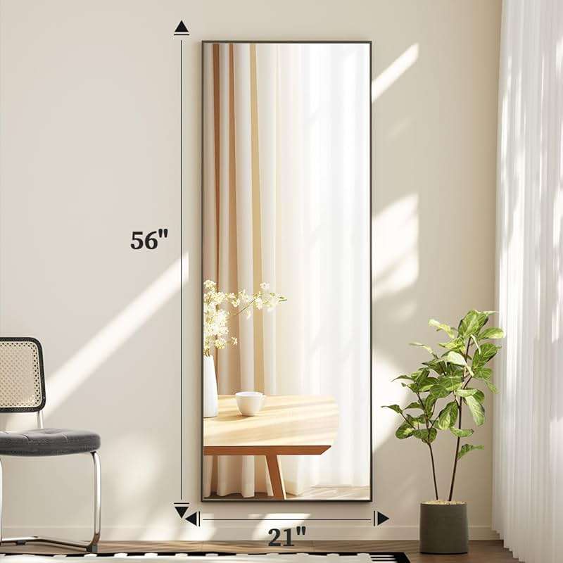 BEAUTYPEAK Full Length Mirror with Stand, 56"x21" Floor Mirror with Aluminum Alloy Thin Frame, ShatterVue Tempered Full Body Mirrors, Free Standing or Wall-Mounted Mirrors for Living Room, Black - Image 2
