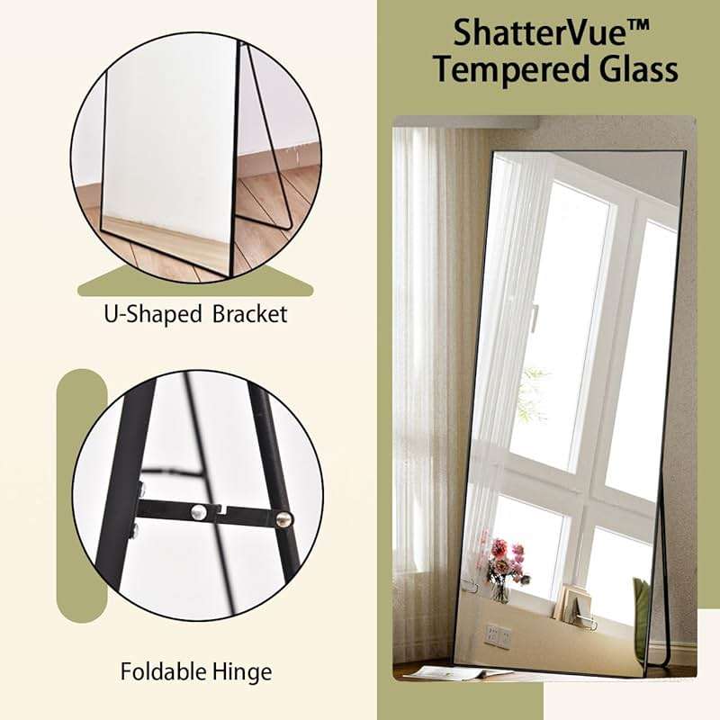 BEAUTYPEAK Full Length Mirror with Stand, 56"x21" Floor Mirror with Aluminum Alloy Thin Frame, ShatterVue Tempered Full Body Mirrors, Free Standing or Wall-Mounted Mirrors for Living Room, Black - Image 5