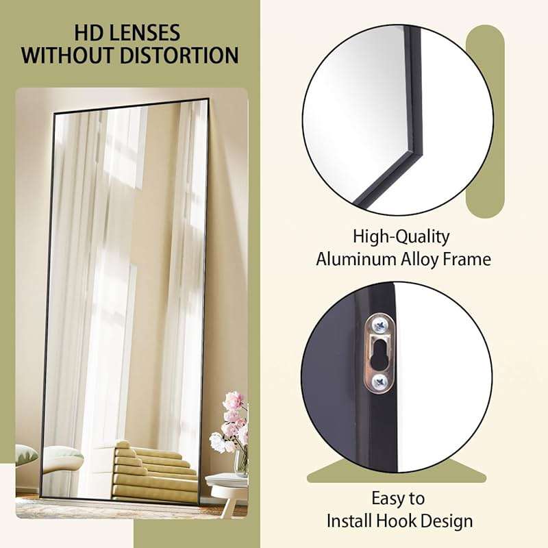 BEAUTYPEAK Full Length Mirror with Stand, 56"x21" Floor Mirror with Aluminum Alloy Thin Frame, ShatterVue Tempered Full Body Mirrors, Free Standing or Wall-Mounted Mirrors for Living Room, Black - Image 6