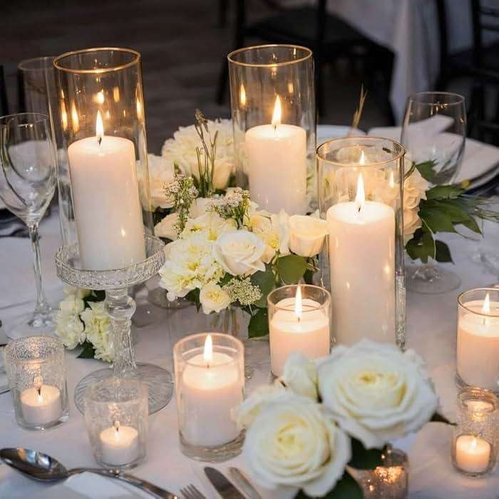 PNJHDZ 24 Pcs White Pillar Candles and Glass Candle Holders Cylinder Candle Vases for Pillar Candles Hurricane Candle Holders Set for Wedding Party, Event, Home Office Decor - Image 3