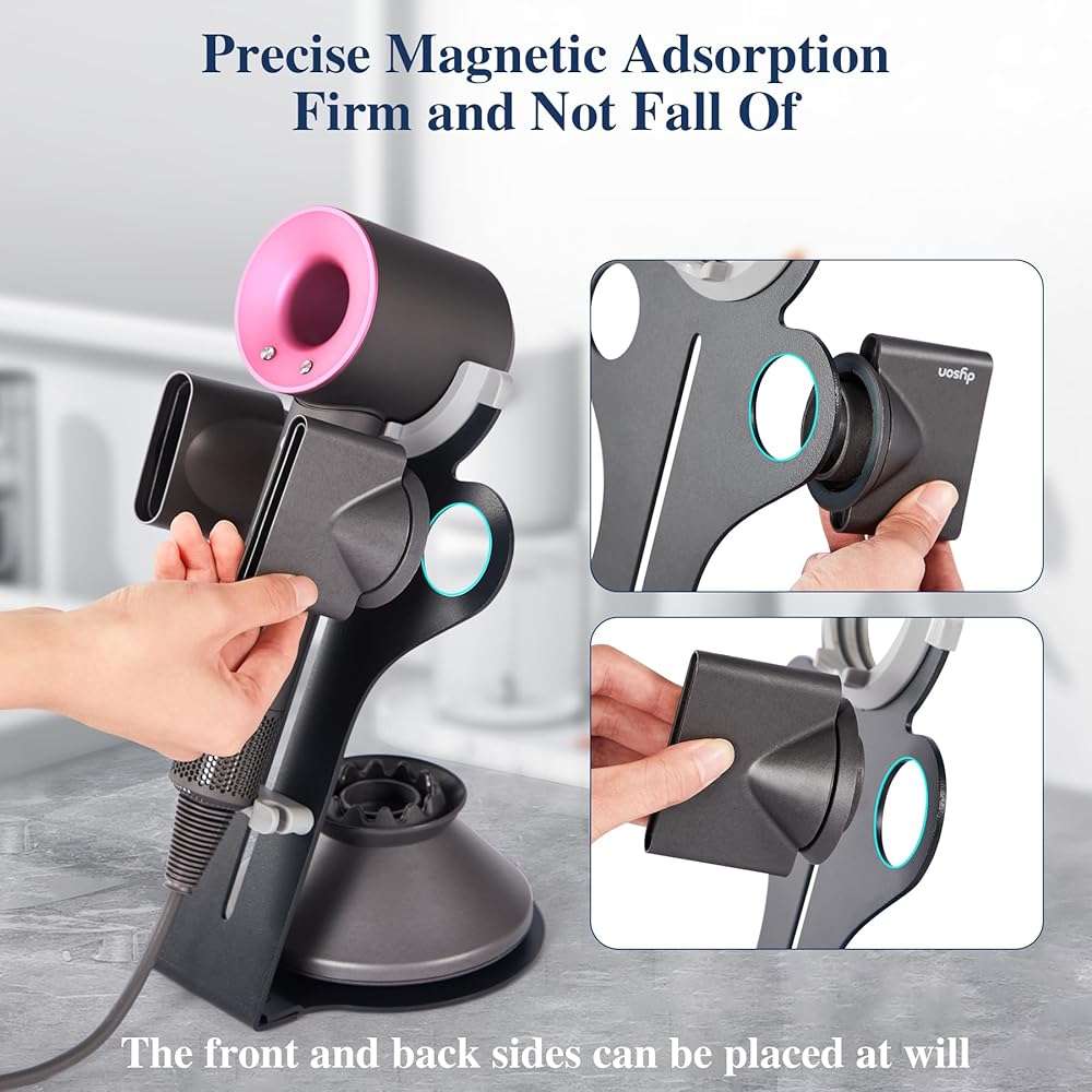 Arondson Hair Dryer Holder for Dyson Supersonic, Magnetic Blow Dryer Holder to Store 5 Hair Dryer Attachments with Power Plug Cable Organizer, Carbon steel Stand - Image 3