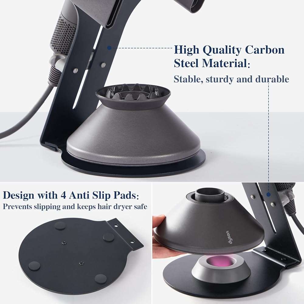 Arondson Hair Dryer Holder for Dyson Supersonic, Magnetic Blow Dryer Holder to Store 5 Hair Dryer Attachments with Power Plug Cable Organizer, Carbon steel Stand - Image 4