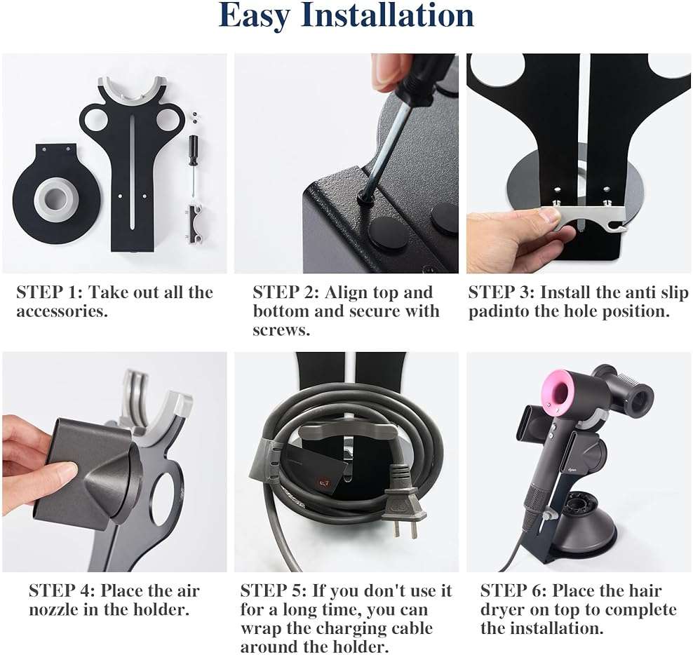 Arondson Hair Dryer Holder for Dyson Supersonic, Magnetic Blow Dryer Holder to Store 5 Hair Dryer Attachments with Power Plug Cable Organizer, Carbon steel Stand - Image 7