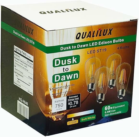 Qualilux Dusk to Dawn Edison Light Bulbs ST58(ST19), Soft White 2700K, 6.5W=60W, Non-Dimmable Auto On/Off, Light Sensing LED Filament Bulb Outdoor for Porch Patio Garage Garden,750LM, E26, 4-Pack - Product Image