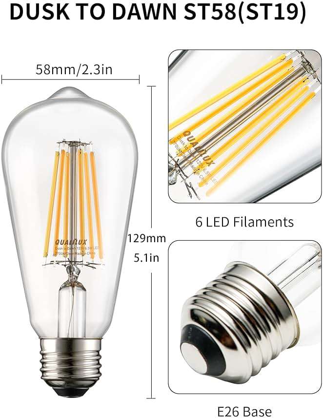 Qualilux Dusk to Dawn Edison Light Bulbs ST58(ST19), Soft White 2700K, 6.5W=60W, Non-Dimmable Auto On/Off, Light Sensing LED Filament Bulb Outdoor for Porch Patio Garage Garden,750LM, E26, 4-Pack - Image 6