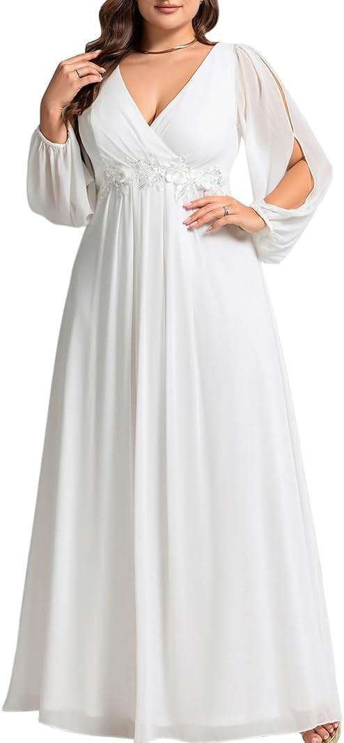 Ever-Pretty V Neck Long Sleeves Applique Chiffon Plus Size Long Ball Gown Formal Evening Dress for Women - Image 1