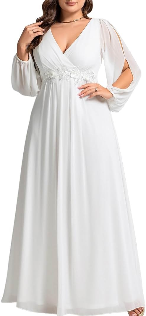 Ever-Pretty V Neck Long Sleeves Applique Chiffon Plus Size Long Ball Gown Formal Evening Dress for Women - Product Image