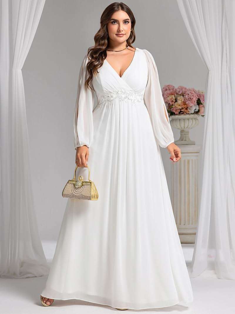 Ever-Pretty V Neck Long Sleeves Applique Chiffon Plus Size Long Ball Gown Formal Evening Dress for Women - Image 4