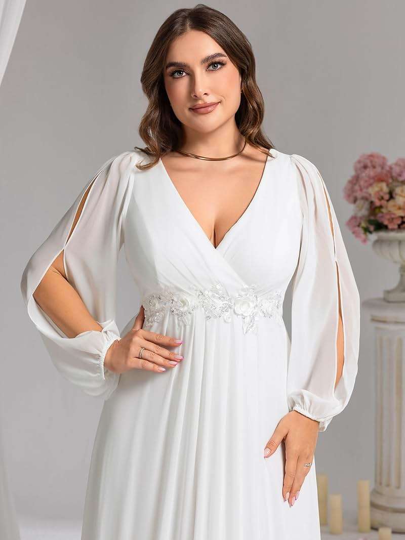 Ever-Pretty V Neck Long Sleeves Applique Chiffon Plus Size Long Ball Gown Formal Evening Dress for Women - Image 5