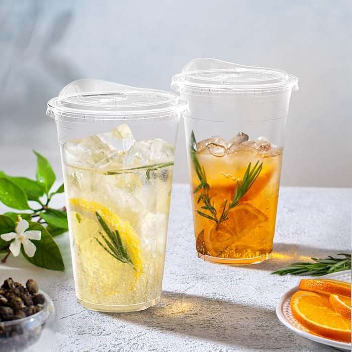 Dealusy 100 Pack - 20 oz Clear Plastic Cups with Lids, Sturdy & Food Safe Iced Coffee Cups with lids, Disposable Plastic Smoothie Cups for Cold Drinks, Sip Lids - Image 2