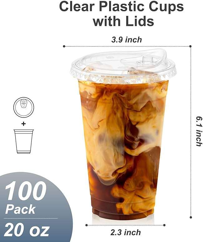Dealusy 100 Pack - 20 oz Clear Plastic Cups with Lids, Sturdy & Food Safe Iced Coffee Cups with lids, Disposable Plastic Smoothie Cups for Cold Drinks, Sip Lids - Image 3