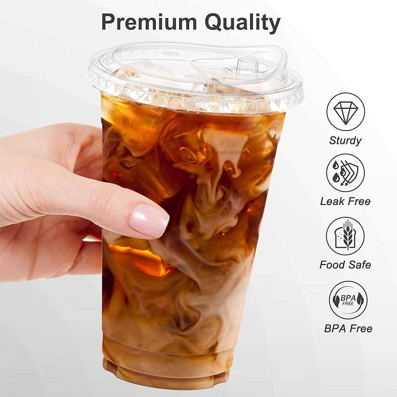 Dealusy 100 Pack - 20 oz Clear Plastic Cups with Lids, Sturdy & Food Safe Iced Coffee Cups with lids, Disposable Plastic Smoothie Cups for Cold Drinks, Sip Lids - Image 4