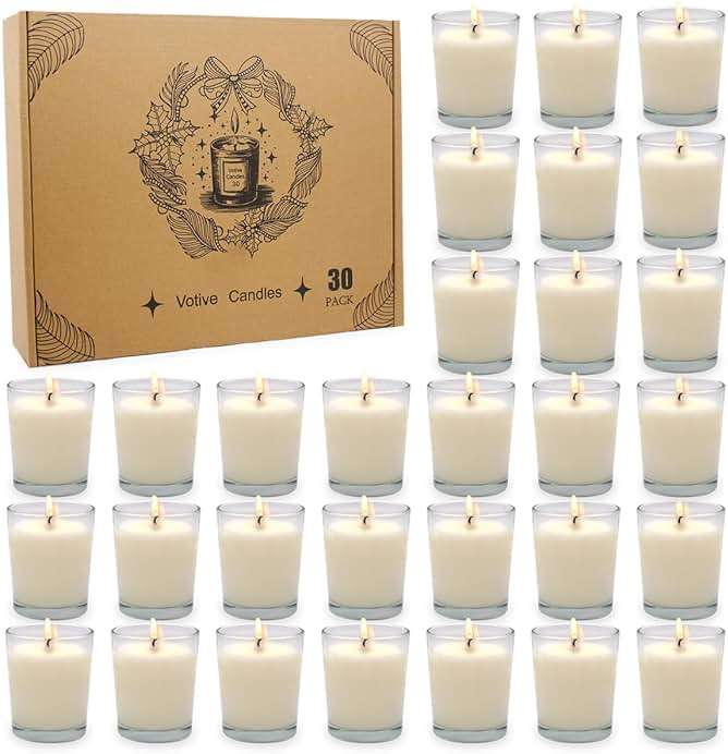 30 Packs Unscented White Votive Candles in Glass, Small Soy Wax Votives for Wedding Party Dinner Table, 1.7" W x 2" H - Image 1