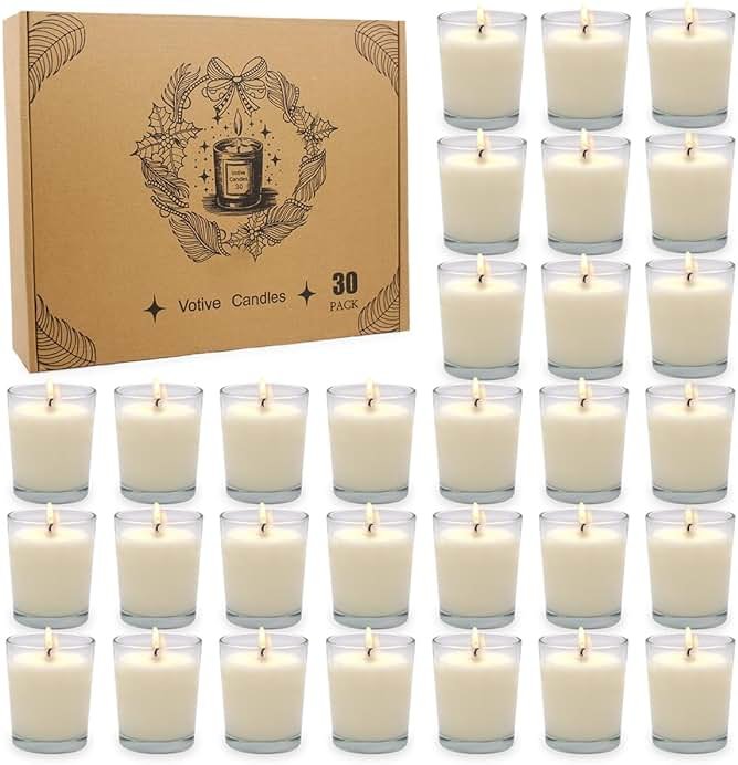 30 Packs Unscented White Votive Candles in Glass, Small Soy Wax Votives for Wedding Party Dinner Table, 1.7" W x 2" H - Product Image