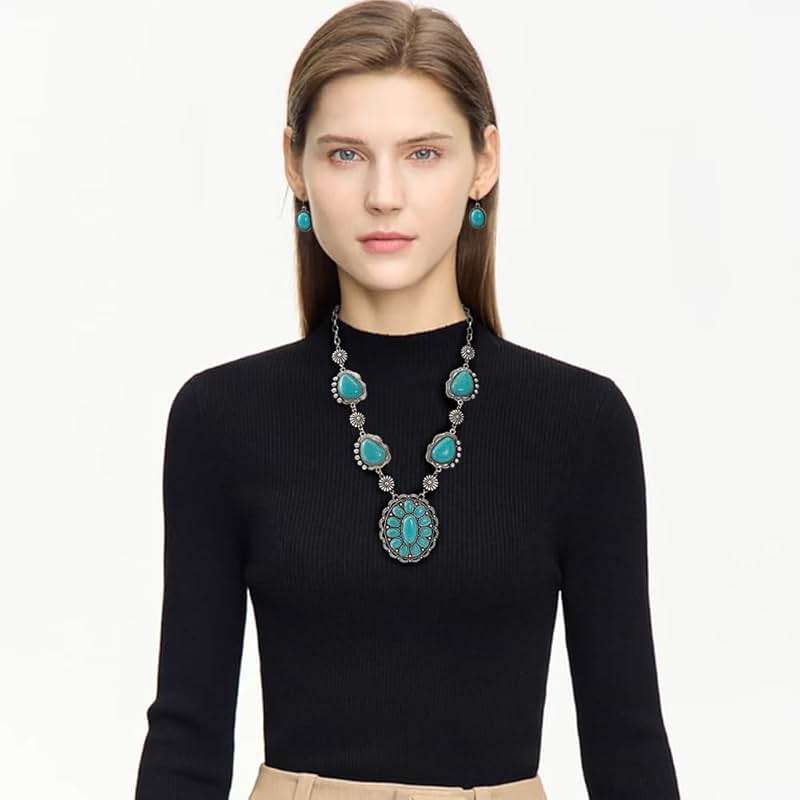 Exaggerated Turquoise Jewelery Set for Women Dangle Earring Pendant Choker Necklace Long Oxidized Silver Daisy Bohemian Bollywood Vintage Western Cowgirl Jewelry Holiday Wedding Party - Image 2