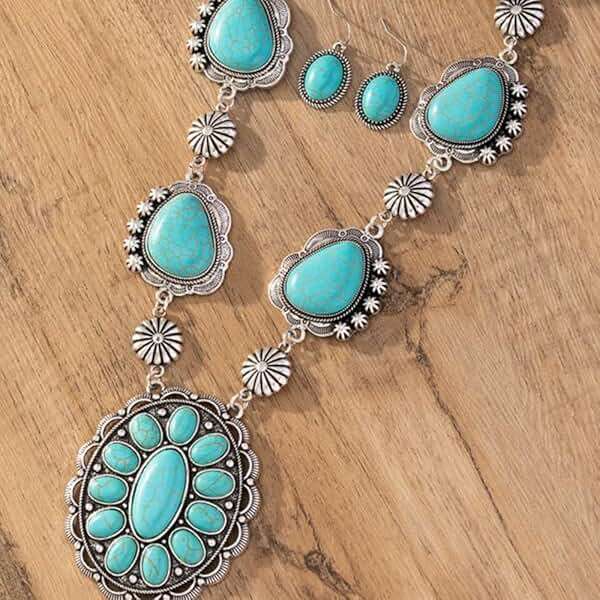 Exaggerated Turquoise Jewelery Set for Women Dangle Earring Pendant Choker Necklace Long Oxidized Silver Daisy Bohemian Bollywood Vintage Western Cowgirl Jewelry Holiday Wedding Party - Image 4