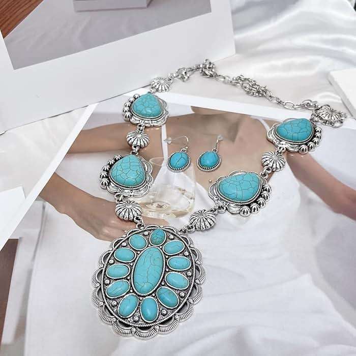 Exaggerated Turquoise Jewelery Set for Women Dangle Earring Pendant Choker Necklace Long Oxidized Silver Daisy Bohemian Bollywood Vintage Western Cowgirl Jewelry Holiday Wedding Party - Image 5