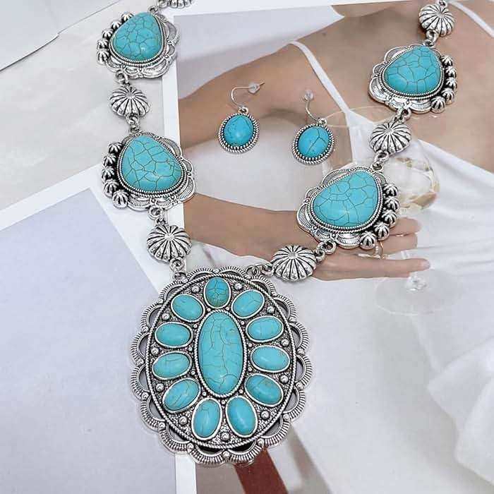 Exaggerated Turquoise Jewelery Set for Women Dangle Earring Pendant Choker Necklace Long Oxidized Silver Daisy Bohemian Bollywood Vintage Western Cowgirl Jewelry Holiday Wedding Party - Image 6