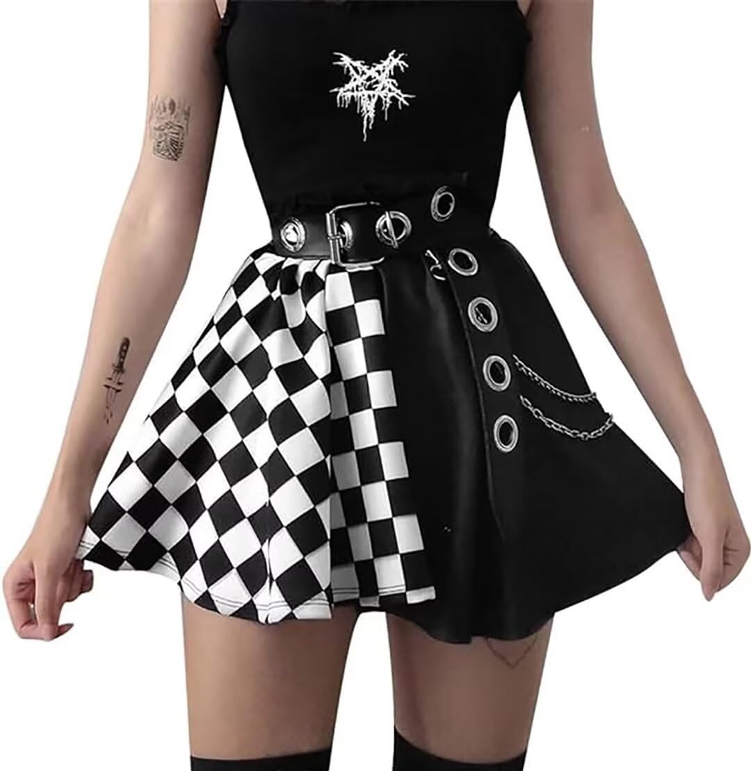 Ruolai Goth Black Pleated Mini Skirt with Chain High Waisted Tennis Skirt - Product Image