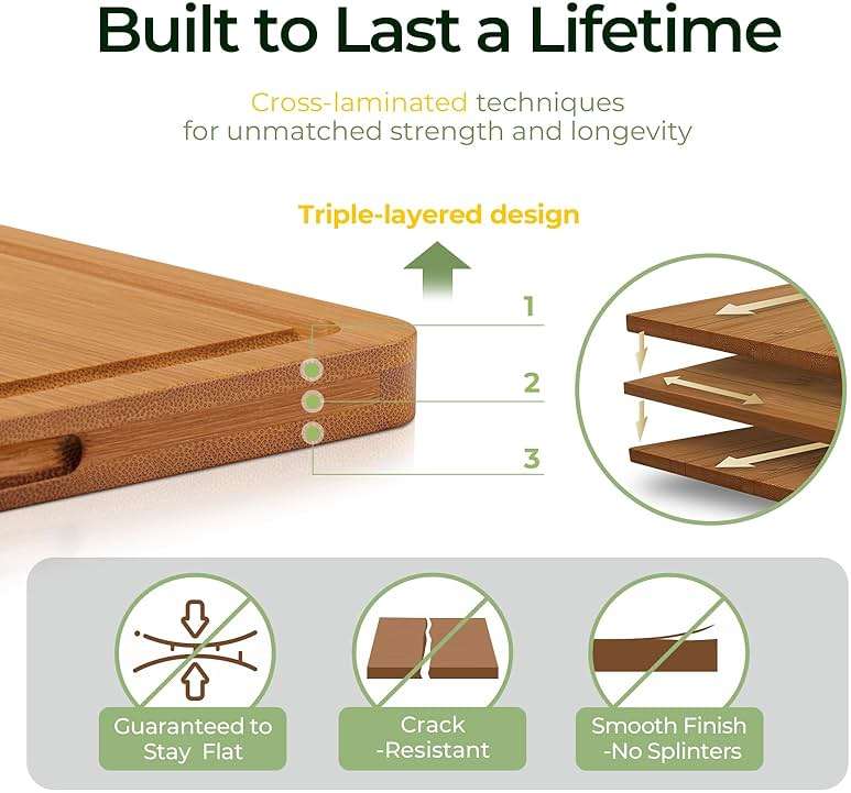Keechee Bamboo Cutting Board, Durable Wood Cutting Boards for Kitchen with Deep Juice Grooves & Built-in Handles, Ideal Charcuterie & Chopping for Meat, Vegetables and Fruits Ideal Kitchen Gifts - Image 6