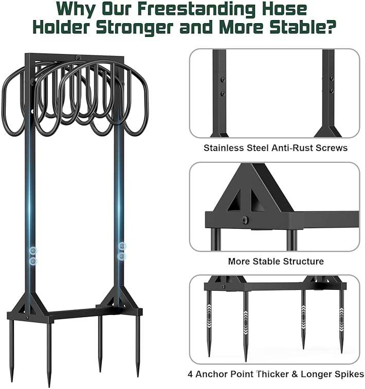 HeroicLion Garden Hose Holder Holds 2 x 151FT Hoses, Heavy-Duty Metal Freestanding Hose Stand Hanger with Stable Base, Rustproof Double Water Hose Holders for Outside Yard Lawn Farm, Black - Image 5