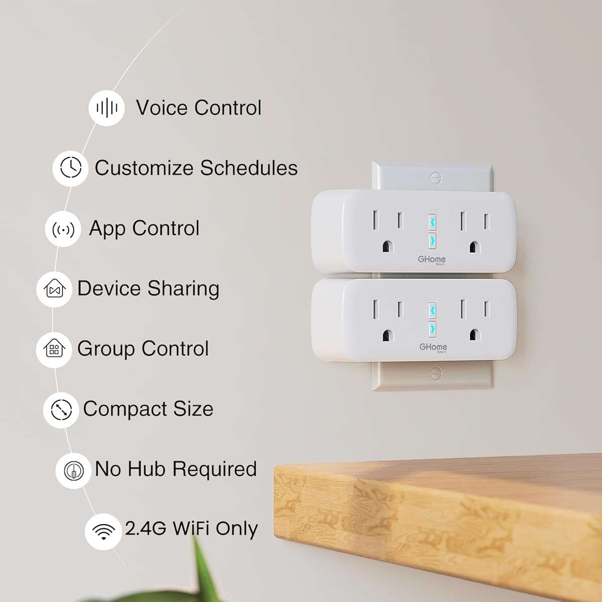 Dual Smart Plug 15A, GHome Smart Plugs Work with Alexa and Google Home, 2-in-1 Compact Smart Outlet Timer with APP Remote Control, 2.4GHz Wi-Fi Only, No Hub Required, FCC Listed, 2 Pack - Image 2